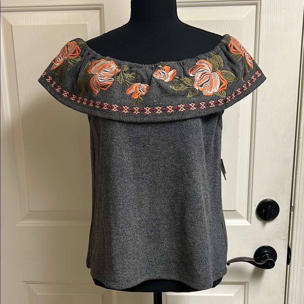 T H M L Small Gray and Orange Off-Shoulder Top with Floral Embroidery, NWT